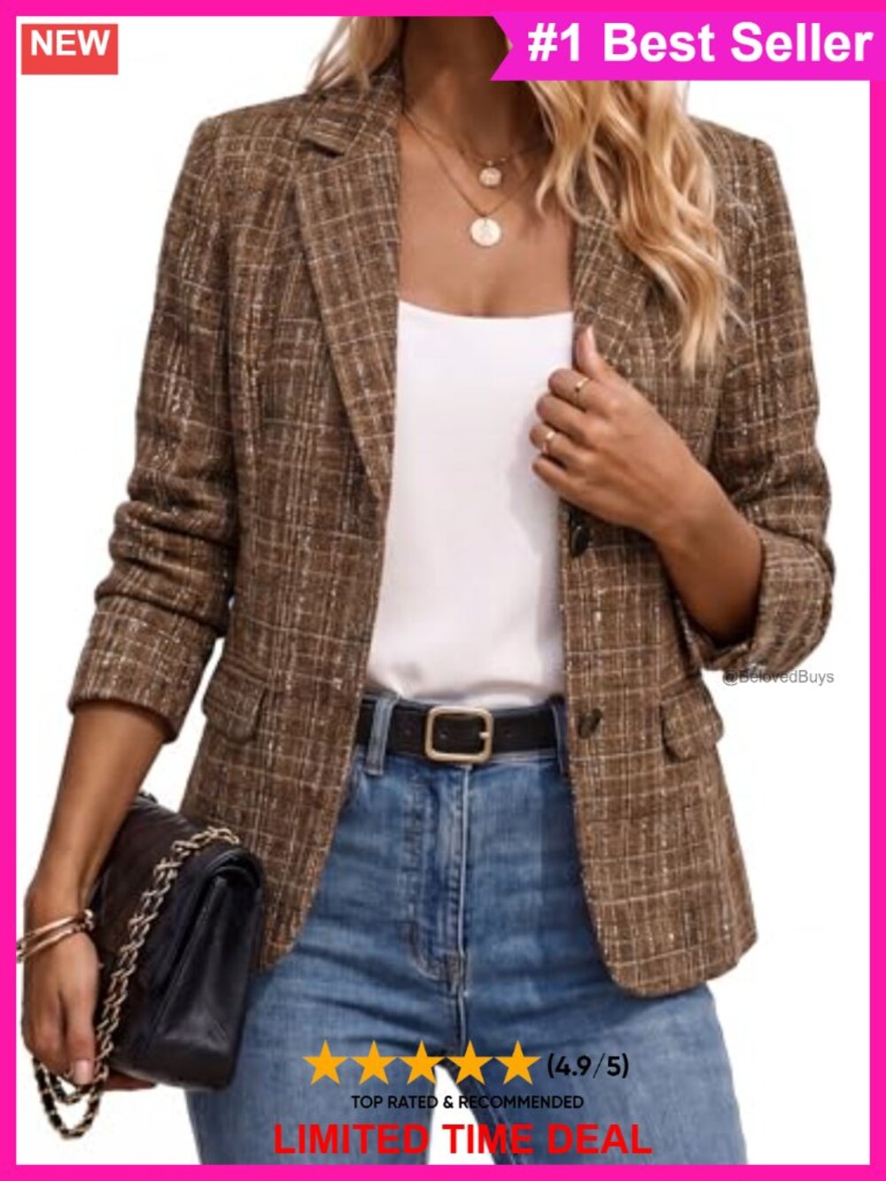 Tweed Plaid Sequin Blazer Jacket Long Sleeve Casual